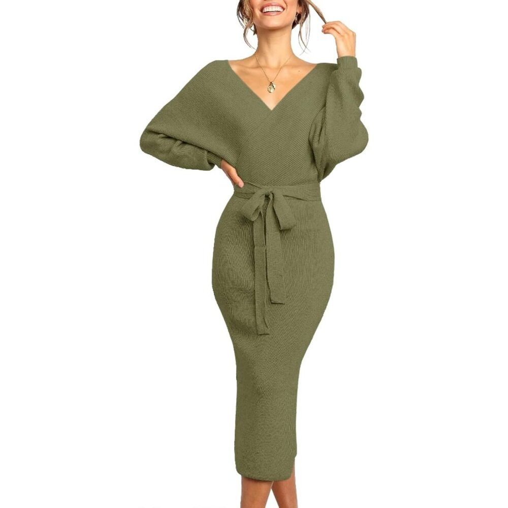 Women Army Green Maxi Sweater Dress V Neck Batwing Slit Open Back Bodycon Belt